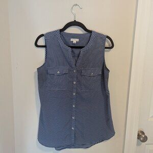 Black and blue striped sleeveless button-down blouse, size S